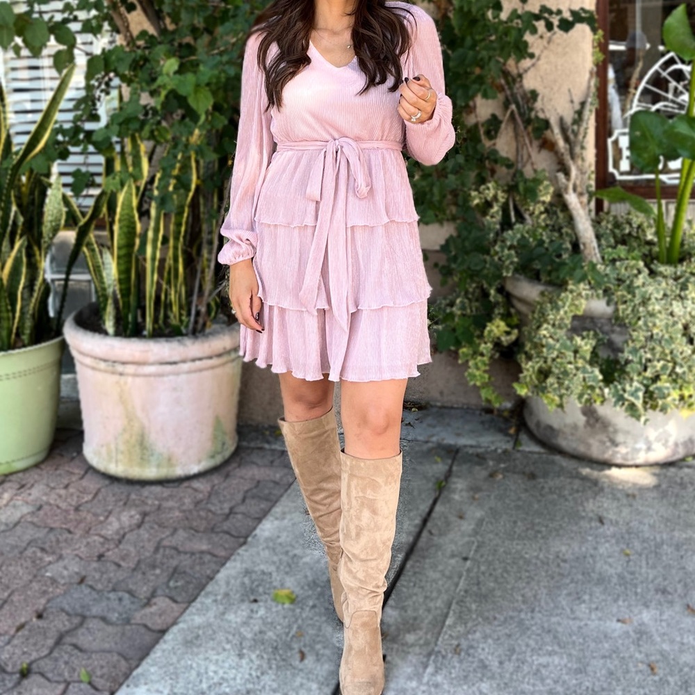 Formal Party Long Sleeve Mini Cocktail Glitter Sundress with Belt